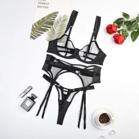 Sexy Sheer Mesh Women Push Up Sexy Split Underwear With Steel Ring Three Piece Set - S - Black