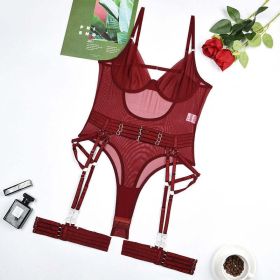 Sexy Underwear Sheer Mesh Body Shaping Corsets Garter Three Piece Set Women - L - Burgundy