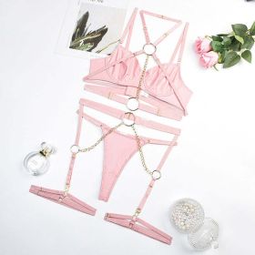 Spring Women Clothing Fabric Leather Sexy Halter Underwear Four Piece Set Or Five Piece Set - M - Pink
