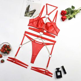 Spring Women Clothing Fabric Leather Sexy Halter Underwear Four Piece Set Or Five Piece Set - L - Bright Red