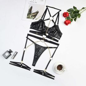 Spring Women Clothing Fabric Leather Sexy Halter Underwear Four Piece Set Or Five Piece Set - S - Black