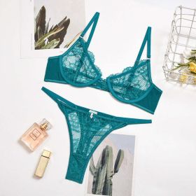 Spring Summer Women Multi Color See through Lace Lace Sexy Push-up Underwear Set - M - Dark Green.