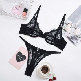 Spring Summer Women Multi Color See through Lace Lace Sexy Push-up Underwear Set - M - Black