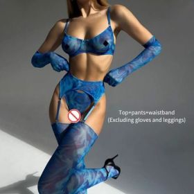 Summer Arrival Colorful Splash Ink Mesh Sexy Underwear Gloves Garter Suit - S - Dazzling Blue Three-Piece Set