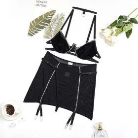 Summer Women Clothing Sexy Rhinestones Sheer Mesh Short Skirt Underwear Four Piece Set - M - Black