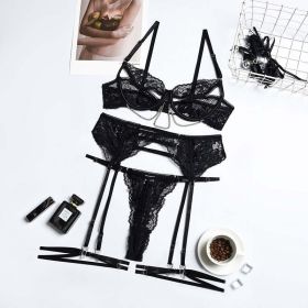 Summer Metal Chain Lace See-through Sexy Slim Fit Sexy Underwear Four-Piece Set - L - Black