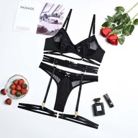 Summer Women Underwear Complex Heavy Craft Mesh Gather Comfortably Four-Piece Set with Steel Ring - L - Black