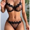 Sexy Women Clothing Mesh Water Soluble Floral Underwear Bra Sexy Suit - S - Black