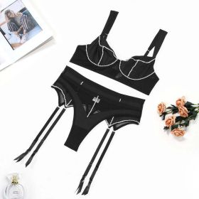 Summer Bra Rhinestone Trim Sheer Mesh Sexy Underwear Three Piece Set - L - Black