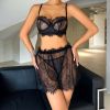 Lace See Through Short Skirt Body Shaping Chest Sexy Suspenders Underwear Three Piece Suit - S - Black
