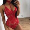 Fashion Women Sheer Lace Floral Leotard Tops Backless Jumpsuit Sexy Lingerie Dress Neck Choker Bodysuit - Red - M
