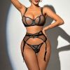 Sexy Sheer Mesh Women Push Up Sexy Split Underwear With Steel Ring Three Piece Set - S - Black
