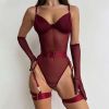 Sexy Underwear Sheer Mesh Body Shaping Corsets Garter Three Piece Set Women - S - Burgundy