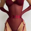 Sexy Underwear Sheer Mesh Body Shaping Corsets Garter Three Piece Set Women - S - Burgundy