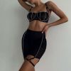 Comfortable Mesh Sexy See Through Diamond Decorations Sexy Lingerie Three Piece Set - S - Black
