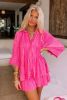 Rose 3/4 Sleeves Pleated Shirt and High Waist Shorts Lounge Set - Rose - S