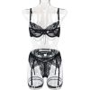 Summer Metal Chain Lace See-through Sexy Slim Fit Sexy Underwear Four-Piece Set - L - Black