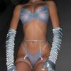 Eyelash Lace Rhinestone Ribbon Sexy See through with Steel Ring Sexy Lingerie Four Piece Set - S - Light Blue
