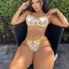 Floral Kiss Summer Women Clothing Little Daisy Embroidery Mesh See through Hollow Out Cutout with Steel Ring Push up Underwear Set - S - Yellow