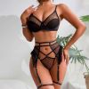 Bra Rhombus Mesh Stitching Perspective Sexy Underwear Four Piece Set - S - Black