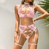 Summer Complex Craft Love Drill Buckle Sexy Cutout Embroidery Sexy Halter Underwear Set - S - Pink
