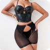 Fabric Leather Body Shaping Sling Underwear Set Sexy Mesh Sexy Three Piece Set - S - Black
