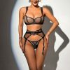 Sexy Sheer Mesh Women Push Up Sexy Split Underwear With Steel Ring Three Piece Set - S - Black