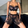 Lace See Through Short Skirt Body Shaping Chest Sexy Suspenders Underwear Three Piece Suit - S - Black