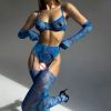 Summer Arrival Colorful Splash Ink Mesh Sexy Underwear Gloves Garter Suit - S - Dazzling Blue Three-Piece Set