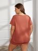 Plus Size Round Neck Short Sleeve Two-Piece Loungewear Set - Brick Red - 0XL