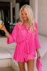 Rose 3/4 Sleeves Pleated Shirt and High Waist Shorts Lounge Set - Rose - S