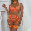 High End Quality Women Clothing Butterfly Embroidery Hollow Out Cutout out See through Sexy Underwear with Steel Ring Five Piece Set - S - Fluorescent
