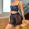Lace See Through Short Skirt Body Shaping Chest Sexy Suspenders Underwear Three Piece Suit - S - Black