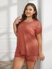 Plus Size Round Neck Short Sleeve Two-Piece Loungewear Set - Brick Red - 0XL
